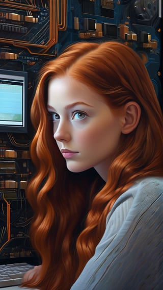 she's a geek, long ginger hair and hazel eyes, comfy clothing, relaxing, monitors, programmer , motherboards, shiny aura, highly detailed, perfect composition, digital painting, artstation, concept art, smooth, sharp focus, illustration, highly detailed, extremely detailed, delicate detail, crisp quality, ultra realistic, hyperrealistic, surrealism, dark art, Mysterious