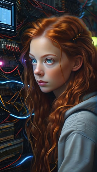 she's a geek, long ginger hair and hazel eyes, comfy clothing, relaxing, monitors, programmer , motherboards, shiny aura, highly detailed, perfect composition, digital painting, artstation, concept art, smooth, sharp focus, illustration, highly detailed, extremely detailed, delicate detail, crisp quality, ultra realistic, hyperrealistic, surrealism, dark art, Mysterious