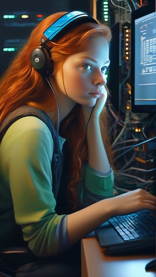 she's a geek, long ginger hair and hazel eyes, comfy clothing, relaxing, monitors, programmer , motherboards, shiny aura, highly detailed, perfect composition, digital painting, artstation, concept art, smooth, sharp focus, illustration, highly detailed, extremely detailed, delicate detail, crisp quality, ultra realistic, hyperrealistic, surrealism, dark art, Mysterious