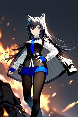  1girl, animal_ear_fluff, animal_ears, arknights, black_hair, black_jacket, black_pantyhose, black_vest, blue_gloves, blue_necktie, blue_shorts, breasts, brown_eyes, closed_mouth, fingerless_gloves, fire, gloves, jacket, jacket_on_shoulders, long_hair, long_sleeves, looking_at_viewer, medium_breasts, necktie, pantyhose, pantyhose_under_shorts, shirt, shorts, solo, texas_(arknights), texas_the_omertosa_(arknights), very_long_hair, vest, white_shirt, wolf_ears