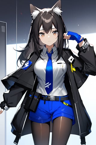  1girl, animal_ear_fluff, animal_ears, arknights, black_hair, black_jacket, black_pantyhose, black_vest, blue_gloves, blue_necktie, blue_shorts, breasts, brown_eyes, closed_mouth, fingerless_gloves, gloves, jacket, jacket_on_shoulders, long_hair, long_sleeves, looking_at_viewer, medium_breasts, necktie, pantyhose, pantyhose_under_shorts, shirt, shorts, solo, texas_(arknights), texas_the_omertosa_(arknights), very_long_hair, vest, white_shirt, wolf_ears,AiArtV