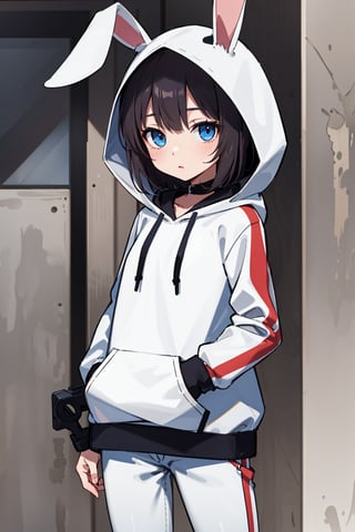 masterpiece, high quality, 1girl, simple background, amiyaCASA,rabbit ears, hood up, open hoodie, white pants,cowboy shot, standing, looking at viewer