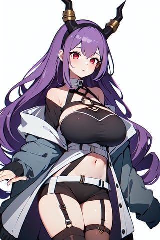 masterpiece, typhon, 1girl, solo, (huge breasts:1.2), simple background, (small girl), dragon horns, very long hair, hairband, purple hair, red eyes, black shirt, black shorts, garter straps, grey coat, off shoulder, open coat, (asymmetrical legwear, single thighhigh:1.2), thigh strap