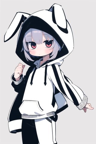 masterpiece, high quality, 1girl, simple background, amiyaCASA,rabbit ears, hood up, open hoodie, white pants,cowboy shot, standing, looking at viewer