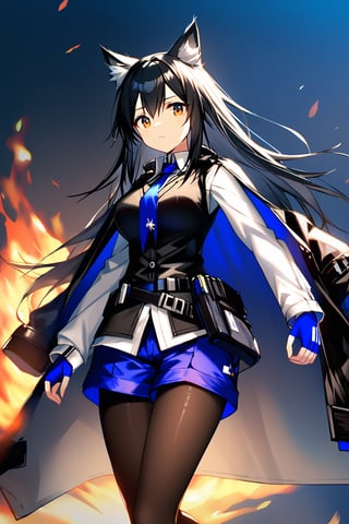  1girl, animal_ear_fluff, animal_ears, arknights, black_hair, black_jacket, black_pantyhose, black_vest, blue_gloves, blue_necktie, blue_shorts, breasts, brown_eyes, closed_mouth, fingerless_gloves, fire, gloves, jacket, jacket_on_shoulders, long_hair, long_sleeves, looking_at_viewer, medium_breasts, necktie, pantyhose, pantyhose_under_shorts, shirt, shorts, solo, texas_(arknights), texas_the_omertosa_(arknights), very_long_hair, vest, white_shirt, wolf_ears