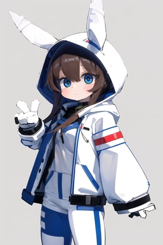 masterpiece, high quality, 1girl, simple background, amiyaCASA,rabbit ears, hood up, open hoodie, white pants,cowboy shot, standing, looking at viewer,amiyaCASA