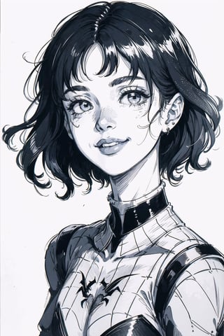 1girl, masterpiece, top quality, 8K, detailed skin texture, detailed cloth texture, beautiful detailed face, intricate details, ultra Details, Audrey Hepburn smile, Spiderman uniform, sorrel fluffy hair, (half body: 1.2), （smile face）, warm lighting,monochrome,DRAWING,Pixel art