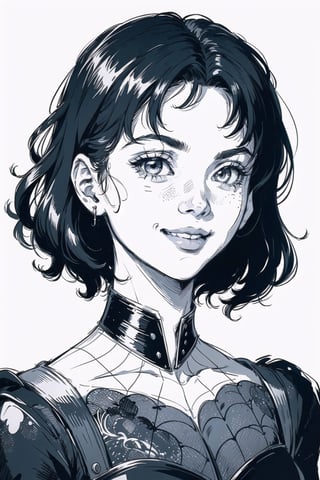 1girl, masterpiece, top quality, 8K, detailed skin texture, detailed cloth texture, beautiful detailed face, intricate details, ultra Details, Audrey Hepburn smile, Spiderman uniform, sorrel fluffy hair, (half body: 1.2), （smile face）, warm lighting,monochrome,DRAWING,Pixel art