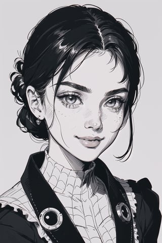 1girl, masterpiece, top quality, 8K, detailed skin texture, detailed cloth texture, beautiful detailed face, intricate details, ultra Details, Audrey Hepburn smile, Spiderman uniform, sorrel fluffy hair, (half body: 1.2), （smile face）, warm lighting,monochrome,DRAWING,Pixel art