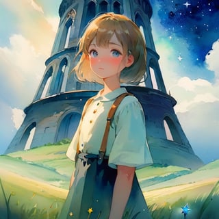 oil painting, 1girl ,face to viewer,close-up shot, fantasy, anime, broken sky,starry sky, star, a girl standing on grass land, a huge tower ahead of her, watercolor sensery,watercolor \(medium\)