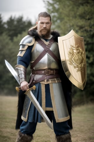 Man, armored chain,sheild, sword(1m blade and 20cm hardwood with gold trimmed handle), epic background, beard, fur cape, chain armor, Viking,