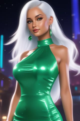 THE FEMALE NEEDS A GREEN DRESS UNTIL HER KNEES THAT SHINES AND SPARKLES , THE FEMALE HAS TO COME FROM OCEANIA , WITH SMOOTH SKIN , SCULPTURED SMALL NOSE , PRETTY LIPS , HAIR UNTIL THE SHOULDERS , WHITE HAIR WITH A NATURAL GLOW , HEALTHY SUPER DEVELOPED UPPER CHEST , FLAT STOMACH , TRAINED BACKSIDE , FLAWLESS FACIAL FEATURES , PRETTY HIGH HEELS , NICE LOOKING HANDS ,