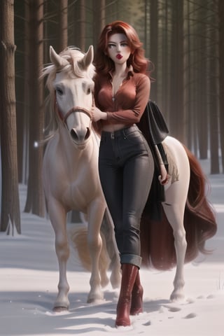 red hair, with straight hair, with long hair, with brown skin, with black jean pants, with red shirt, with long black boots, with red lips, with a white horse, in a forest with snow