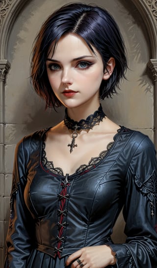 score_9, score_8_up, score_7_up, score_6_up, masterpiece,best quality,illustration,style of Leonardo portrait of dark gothic girl,Gothic,Short hair,Casual Clothing,