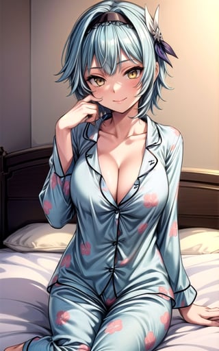 Eula 1girl  blue_hair large_breasts closed_mouth  hair_ornament hairband light_blue_hair solo yellow_eyes smile happy sexy_pose sexy breast (((pajama))) short (((cleavage))) in_bedroom short_hair sitting_on_bed