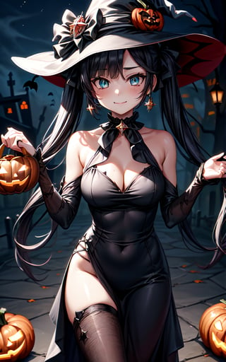 monadef (((alternative_costume))) 1girl solo cleavage black_hair twintails outdoors sexy sexy_pose sexy_expresion ((medium_breasts)) breasts star_earrings jewelry aqua_eyes black_choker smile closed_mouth looking_at_viewer black_ribbon ribbon standing ((halloween)) ((black_dress)) ((black_hat)) jack-o'-lantern ((at_night))