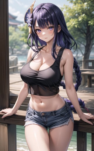 raidenshogun 1girl closed_mouth flower hair_flower more_details:1 ((hair_ornament))) (((large_breasts))) long_hair looking_at_viewer purple_eyes purple_hair solo very_long_hair sexy sexy_pose outdoors standing (((tank_top))) shorts cleavage bare_arms raiden_shogun (((single_braid))) (((bare_arms)))