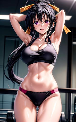 akeno himejima himejima_akeno 1girl breasts collarbone hair_between_eyes hair_ribbon huge_breasts long_hair looking_at_viewer orange_ribbon ponytail purple_eyes smile solo sexy sexy_pose in_gym gym gym_scenary armpits arm_behind_head arms_up big_breast sweat masterpiece happy toned standing (((black_crop_top))) cleavage thong sweat, open_mouth,akeno himejima