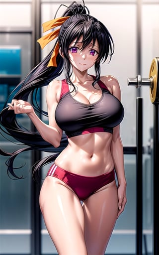 akeno himejima himejima_akeno 1girl breasts collarbone hair_between_eyes hair_ribbon ((huge_breasts)) long_hair looking_at_viewer orange_ribbon ponytail purple_eyes smile happy solo sexy sexy_pose in_gym gym gym_scenary big_breast sweat masterpiece happy toned standing (((black_crop_top))) cleavage thong sweat, closed_mouth,akeno himejima ((perfect_hands))