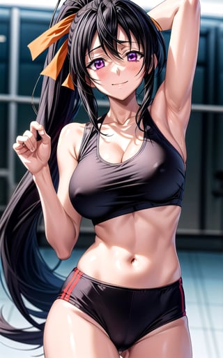 akeno himejima himejima_akeno 1girl breasts collarbone hair_between_eyes hair_ribbon ((huge_breasts)) long_hair looking_at_viewer orange_ribbon ponytail purple_eyes smile happy solo sexy sexy_pose in_gym gym gym_scenary big_breast sweat masterpiece happy toned standing (((black_crop_top))) cleavage thong sweat, closed_mouth,akeno himejima