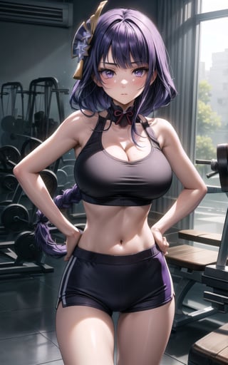 raidenshogun 1girl closed_mouth flower hair_flower more_details:1 ((hair_ornament))) (((large_breasts))) long_hair looking_at_viewer purple_eyes purple_hair solo sweat very_long_hair sexy sexy_pose  (((bare_neck))) in_gym gym standing (((hands_on_the_hips))) (((purple_crop_top))) cleavage thong bare_arms raiden_shogun (((single_braid))) (((bare_arms)))