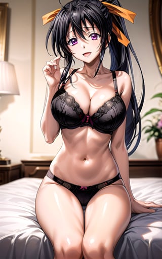 akeno himejima himejima_akeno 1girl breasts collarbone hair_between_eyes hair_ribbon huge_breasts long_hair looking_at_viewer orange_ribbon ponytail purple_eyes smile solo sexy sexy_pose in_bedroom  big_breast masterpiece happy toned sitting_on_bed (((black_bra))) panties open_mouth 