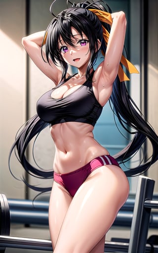 akeno himejima himejima_akeno 1girl breasts collarbone hair_between_eyes hair_ribbon huge_breasts long_hair looking_at_viewer orange_ribbon ponytail purple_eyes smile solo sexy sexy_pose in_gym gym gym_scenary armpits arm_behind_head arms_up big_breast sweat masterpiece happy toned standing (((black_crop_top))) cleavage thong sweat, open_mouth,akeno himejima