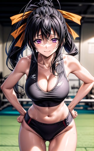 akeno himejima himejima_akeno 1girl breasts collarbone hair_between_eyes hair_ribbon huge_breasts long_hair looking_at_viewer orange_ribbon ponytail purple_eyes smile happy solo sexy sexy_pose in_gym gym gym_scenary (((hands_on_the_hips))) big_breast sweat masterpiece happy toned standing (((black_crop_top))) cleavage thong sweat, closed_mouth,akeno himejima