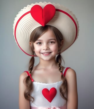 (mejor calidad), (obra maestra), una linda niña de 10 años, cara sonriente, sombrero en forma de hongo en la cabeza, mariposa muy detallada, mirando al espectador, mano en forma de corazón, corazones flotando alrededor,breasts,hourglass body shape