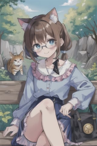 cat_girl,cute,brown_hair,twin_ponytails,short_hair,glasses,light_blue_eyes,outdoors,detailed