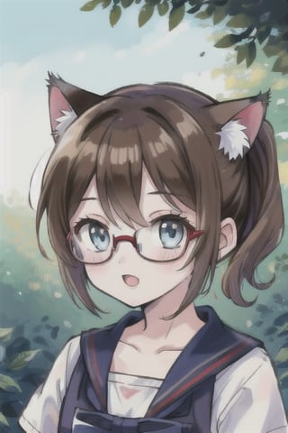 cat_girl,cute,brown_hair,twin_ponytails,short_hair,glasses,light_blue_eyes,outdoors,detailed