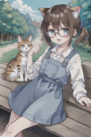 cat_girl,cute,brown_hair,twin_ponytails,short_hair,glasses,light_blue_eyes,outdoors