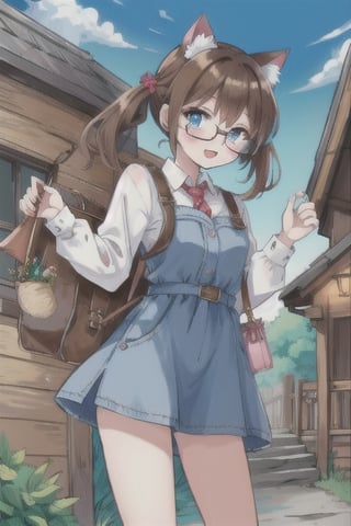 cat_girl,cute,brown_hair,twin_ponytails,short_hair,glasses,light_blue_eyes,outdoors,detailed