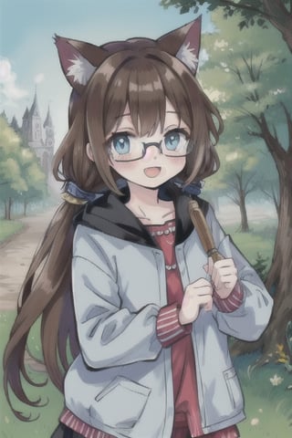 cat_girl,cute,brown_hair,long_hair,glasses,light_blue_eyes,outdoors,detailed