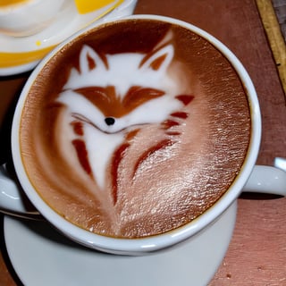 Highly detailed, High Quality, Masterpiece, beautiful, coffee, latte, LatteArt, latte art, food art, LatteArt, fox