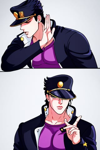 Highly detailed, High Quality, Masterpiece, beautiful, DrakePostingMeme, 1boy, upper body, geraldoW3,kujo jotaro