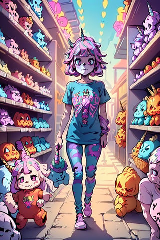 (((A skeleton (wearing a t-shirt (with a cute unicorn print))). Illustration (kawaii skeleton walking visibly afraid through a pastel isle full of cute stuffed animals),  side view,  sticker,  professional vector,  high detail,  t-shirt design,  graffiti,  vibrant,  nt,DisembodiedHead,Detailedface,Halloween style