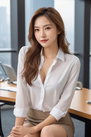 - [ ] photorealistic:1.37, masterpiece, best quality, raw photo, absurdres, uhd, 1girl, wavy hair, brown hair, seductive , looking at viewer, in the large meeting room of the office in the high tower office building in  Tokyo ,Tokyo tower,intricate detail, detailed background, detailed skin, pore, highres, hdr , presentation to ten men , beautiful model, soft light to the face,JP_MODELS,open white shirts uniform , midium breasts, a 30 yo woman sitting on the desk spreading legs , with no shorts or panties, no panty, Pubic hair is clearly visible, nude bottom, 