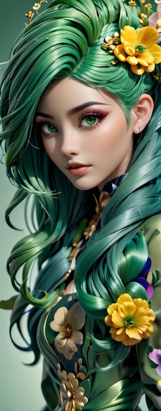 Intricate image of a Beautiful floral girl with flowy flowe-like green hair, work of beauty and complexity, hyperdetailed facial features, 8k UHD, close-up, alberto seveso style 