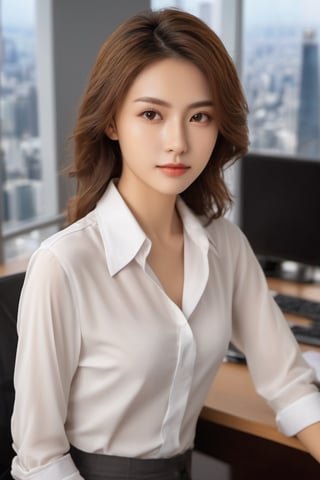 - [ ] photorealistic:1.37, masterpiece, best quality, raw photo, absurdres, uhd, 1girl, wavy hair, brown hair, seductive , looking at viewer, in the large meeting room of the office in the high tower office building in  Tokyo ,Tokyo tower,intricate detail, detailed background, detailed skin, pore, highres, hdr , presentation to ten men , beautiful model, soft light to the face,JP_MODELS,open white shirts uniform , midium breasts, a 30 yo woman sitting on the desk spreading legs , with no shorts or panties, no panty, Pubic hair is clearly visible, nude bottom, 