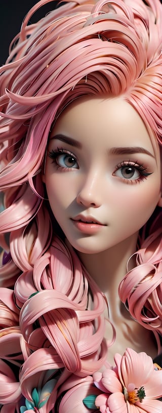 Intricate image of a cute floral girl with flowy flowe-like pink hair, work of beauty and complexity, hyperdetailed facial features, 8k UHD, close-up, alberto seveso style 