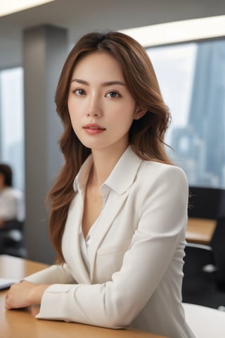 - [ ] photorealistic:1.37, masterpiece, best quality, raw photo, absurdres, uhd, 1girl, wavy hair, brown hair , looking at viewer, in the large meeting room of the office in the high tower office building in  Tokyo ,Tokyo tower,intricate detail, detailed background, detailed skin, pore, highres, hdr , presentation to ten men , beautiful model, soft light to the face,JP_MODELS , midium breasts, a 30 yo woman ,((white shirts,pants suits ))