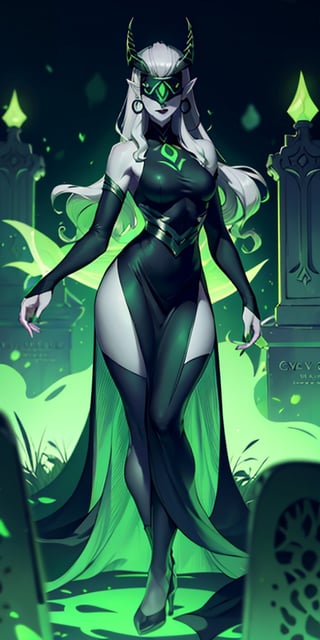 (looking at viewer:1.2), |, Shemira_AFK, pointy ears, covered eyes, green glow, grey skin, magic, thighs, long dress, smug, upper body, ,| graveyard, | bokeh, depth of field, cinematic composition, |  dynamic pose, contrapposto, 