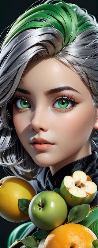 Intricate image of a cute girl 
with fruits -like silver hair, work of beauty and complexity, hyperdetailed facial features, 8k UHD, close-up, alberto seveso style ,green-eyes, black background 