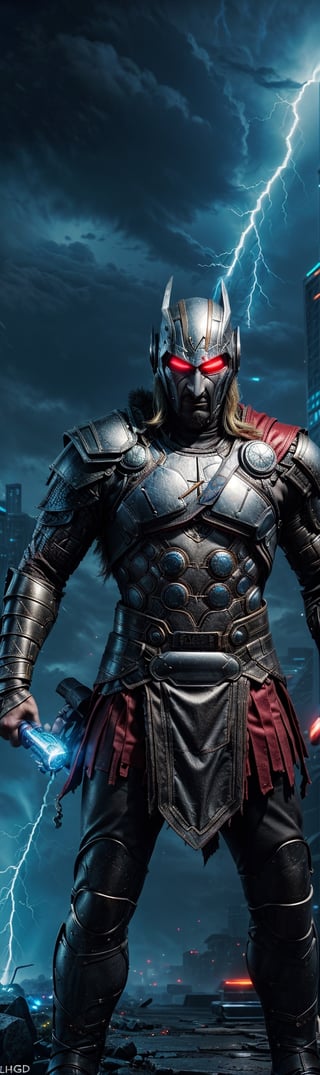  a super high-detailed and realistic image of a cyberpunk-style Thor with a glowing lightning thunder from her eyes :

"Generate an extraordinary and highly detailed image of a cyberpunk-style knight donning a state-of-the-art Thor in his Outfit that draws inspiration from Thor superhero yet takes it to a new level of high-tech brilliance. This knightly body armor emits a mesmerizing glow, with lightning coursing through its surface, showcasing its incredible technological sophistication.

The knight's powerful physique is accentuated by the hi-tech , and his body suit incorporates an array of advanced tools and gadgets, all seamlessly integrated. He wears a Hi-Tech helmet, both concealing his identity and offering crucial data through its heads-up display.

In this stunning image, the knight is adorned in the full glory of his Hi-Tech lightning charge magical armor, a perfect blend of technology and mystic power. The background should portray a knightly setting, heightening the sense of grandeur and heroism.

With a heroic and dynamic pose, this image should encapsulate the knight's unwavering courage and determination. Every detail, from the intricate spider-like designs on the armor to the crackling energy of the lightning charge, should be meticulously rendered, creating a 4K HDR super high-quality masterpiece that immerses viewers in the thrilling world of this cyberpunk knight." ((Photographic cinematic super high detailed super realistic warrior Thor man knight image)), ((4k HDR super high quality image)), ((masterpiece)), (((full body))),kratosGOW_soul3142