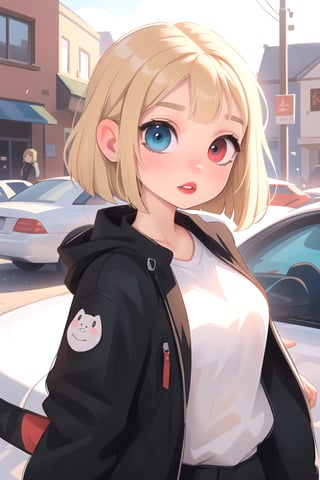 white girl,  thicc,  solo,  upper body,  looking at viewer,    bob cut, [bows in the hair],  heterochromia eyes,  blonde hair,  red lips,  eyeliner,  jacket, SAM YANG art style, cute, 8k, HD