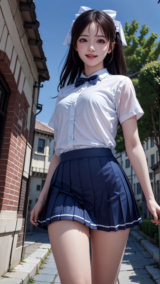 (best quality,masterpiece:1.2),ultra detailed,(photo realistic:1.4),high_school_girl,mini skirt,(bow tie,twin tail hair:1.2),lite smile,from below