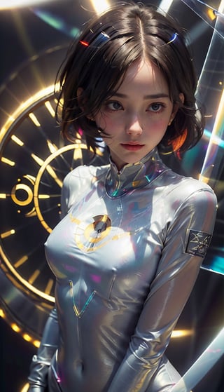 (best quality, masterpiece:1.2),ultra detailed,(photo realistic:1.4),solo,cute girl,see-through bodysuit,(colorful illumination:1.1),upper body,(summon light magic circle:1.3),luminescence_circle_background,halation_background