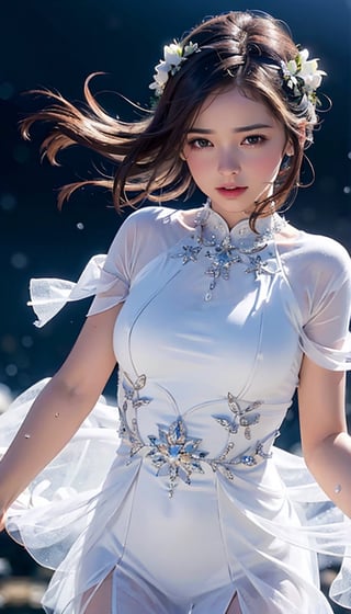 (best quality,  masterpiece:1.2), ultra detailed, (photo realistic:1.4), solo, cute girl, see-through white ruffle dress, snow_crystal_background,illumination_flower_background,diving_the_water_background,snow_crystal_background