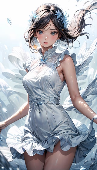 (best quality,  masterpiece:1.2), ultra detailed, (photo realistic:1.4), solo, cute girl, see-through white ruffle dress, snow_crystal_background,illumination_flower_background,diving_the_water_background,snow_crystal_background,multi_effects